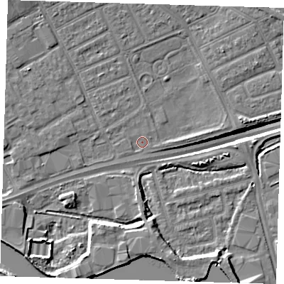 Shaded relief map of the ground around IG110BB, computed from Environment Agency LiDAR. The ground here sits at about 2 m above sea level and falls 11 m across the surrounding 800 m. Surface water reaching this point runs off ground lying to the north-west, 4.1 m higher.