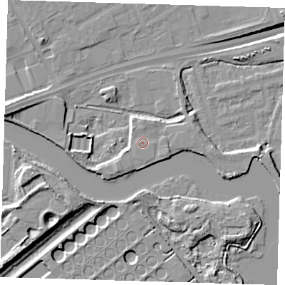 Shaded relief map of the ground around IG110BD, computed from Environment Agency LiDAR. The ground here sits at about 6 m above sea level and falls 14 m across the surrounding 800 m. Surface water reaching this point runs off ground lying to the north-west, 0.9 m higher.