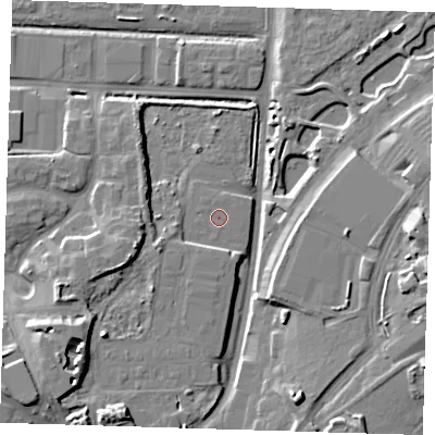 Shaded relief map of the ground around IG110BF, computed from Environment Agency LiDAR. The ground here sits at about 4 m above sea level and falls 12 m across the surrounding 800 m. The ground contributing surface water to this point lies to the north.