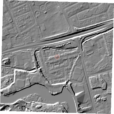 Shaded relief map of the ground around IG110BH, computed from Environment Agency LiDAR. The ground here sits at about 2 m above sea level and falls 13 m across the surrounding 800 m. Surface water reaching this point runs off ground lying to the west-south-west, 1.8 m higher.