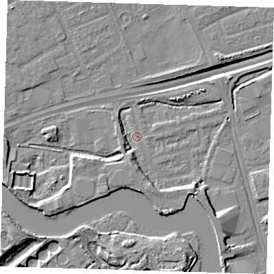 Shaded relief map of the ground around IG110BJ, computed from Environment Agency LiDAR. The ground here sits at about 2 m above sea level and falls 13 m across the surrounding 800 m. Surface water reaching this point runs off ground lying to the south, 4.5 m higher.