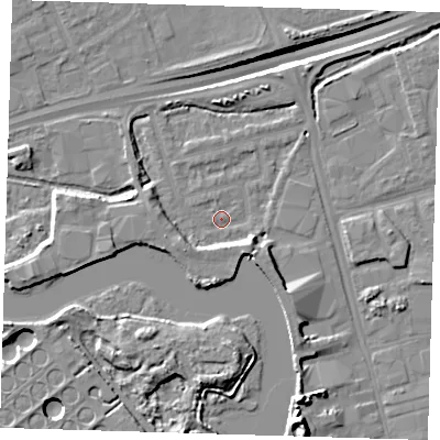 Shaded relief map of the ground around IG110BL, computed from Environment Agency LiDAR. The ground here sits at about 2 m above sea level and falls 17 m across the surrounding 800 m. Surface water reaching this point runs off ground lying to the south-west, 4.7 m higher.
