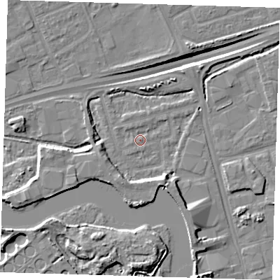 Shaded relief map of the ground around IG110BN, computed from Environment Agency LiDAR. The ground here sits at about 2 m above sea level and falls 14 m across the surrounding 800 m. Surface water reaching this point runs off ground lying to the north, 1.1 m higher.
