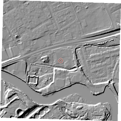 Shaded relief map of the ground around IG110BP, computed from Environment Agency LiDAR. The ground here sits at about 2 m above sea level and falls 14 m across the surrounding 800 m. Surface water reaching this point runs off ground lying to the south-south-west, 5.7 m higher.