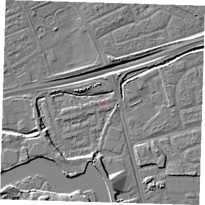 Shaded relief map of the ground around IG110BQ, computed from Environment Agency LiDAR. The ground here sits at about 2 m above sea level and falls 13 m across the surrounding 800 m. Surface water reaching this point runs off ground lying to the south-west, 4.9 m higher.