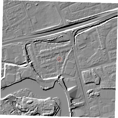 Shaded relief map of the ground around IG110BW, computed from Environment Agency LiDAR. The ground here sits at about 2 m above sea level and falls 14 m across the surrounding 800 m. Surface water reaching this point runs off ground lying to the south-west, 4.7 m higher.