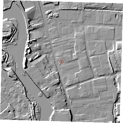 Shaded relief map of the ground around IG110DA, computed from Environment Agency LiDAR. The ground here sits at about 2 m above sea level and falls 18 m across the surrounding 800 m. Surface water reaching this point runs off ground lying to the east, 1.9 m higher.