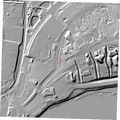 Shaded relief map of the ground around IG110DE, computed from Environment Agency LiDAR. The ground here sits at about 9 m above sea level and falls 20 m across the surrounding 800 m. Surface water reaching this point runs off ground lying to the east-north-east, 6.3 m higher.