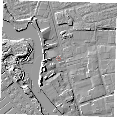 Shaded relief map of the ground around IG110DG, computed from Environment Agency LiDAR. The ground here sits at about 2 m above sea level and falls 17 m across the surrounding 800 m. Surface water reaching this point runs off ground lying to the west-south-west, 10.1 m higher.