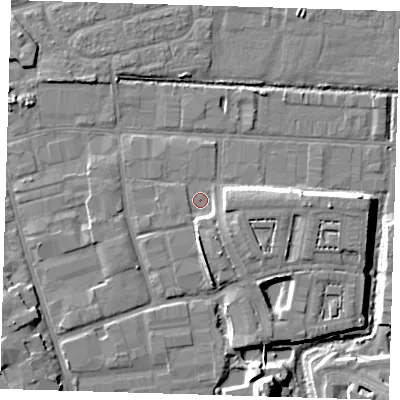 Shaded relief map of the ground around IG110DJ, computed from Environment Agency LiDAR. The ground here sits at about 2 m above sea level and falls 10 m across the surrounding 800 m. Surface water reaching this point runs off ground lying to the south-south-east, 3.2 m higher.