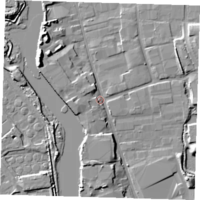 Shaded relief map of the ground around IG110DN, computed from Environment Agency LiDAR. The ground here sits at about 3 m above sea level and falls 18 m across the surrounding 800 m. Surface water reaching this point runs off ground lying to the east-north-east, 5.9 m higher.