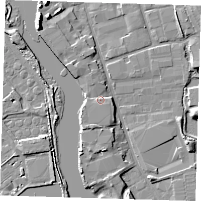 Shaded relief map of the ground around IG110DP, computed from Environment Agency LiDAR. The ground here sits at about 6 m above sea level and falls 18 m across the surrounding 800 m. Surface water reaching this point runs off ground lying to the west-south-west, 3.8 m higher.