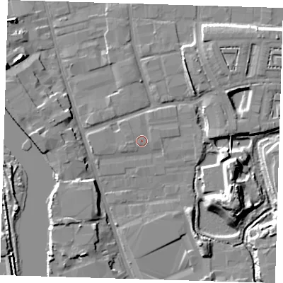 Shaded relief map of the ground around IG110DR, computed from Environment Agency LiDAR. The ground here sits at about 3 m above sea level and falls 11 m across the surrounding 800 m. Surface water reaching this point runs off ground lying to the west, 0.7 m higher.