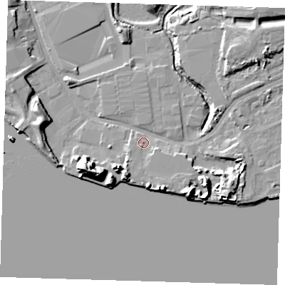 Shaded relief map of the ground around IG110DS, computed from Environment Agency LiDAR. The ground here sits at about 3 m above sea level and falls 20 m across the surrounding 800 m. Surface water reaching this point runs off ground lying to the south-south-west, 6.2 m higher.