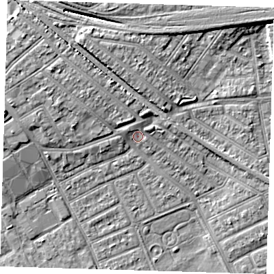 Shaded relief map of the ground around IG110DU, computed from Environment Agency LiDAR. The ground here sits at about 4 m above sea level and falls 9 m across the surrounding 800 m. Surface water reaching this point runs off ground lying to the west-north-west, 2.0 m higher.