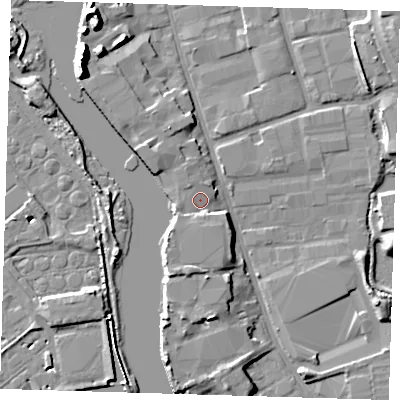 Shaded relief map of the ground around IG110DW, computed from Environment Agency LiDAR. The ground here sits at about 4 m above sea level and falls 18 m across the surrounding 800 m. Surface water reaching this point runs off ground lying to the south-west, 3.4 m higher.