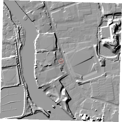 Shaded relief map of the ground around IG110DX, computed from Environment Agency LiDAR. The ground here sits at about 3 m above sea level and falls 20 m across the surrounding 800 m. Surface water reaching this point runs off ground lying to the south-south-east, 19.0 m higher.