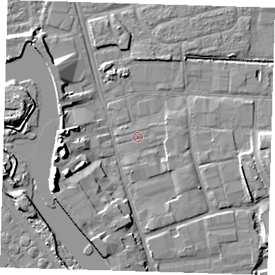 Shaded relief map of the ground around IG110EA, computed from Environment Agency LiDAR. The ground here sits at about 2 m above sea level and falls 17 m across the surrounding 800 m. Surface water reaching this point runs off ground lying to the south-east, 1.8 m higher.
