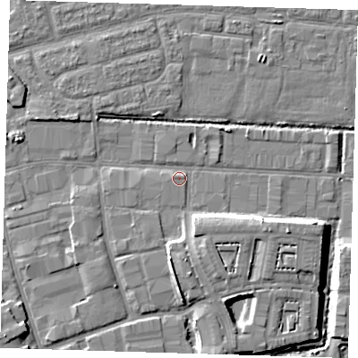 Shaded relief map of the ground around IG110EE, computed from Environment Agency LiDAR. The ground here sits at about 2 m above sea level and falls 8 m across the surrounding 800 m. Surface water reaching this point runs off ground lying to the south-east, 5.1 m higher.