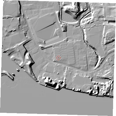 Shaded relief map of the ground around IG110EG, computed from Environment Agency LiDAR. The ground here sits at about 3 m above sea level and falls 20 m across the surrounding 800 m. The ground contributing surface water to this point lies to the east-north-east.