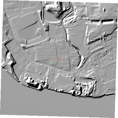 Shaded relief map of the ground around IG110EL, computed from Environment Agency LiDAR. The ground here sits at about 3 m above sea level and falls 20 m across the surrounding 800 m. Surface water reaching this point runs off ground lying to the west-north-west, 0.6 m higher.