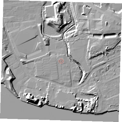 Shaded relief map of the ground around IG110EQ, computed from Environment Agency LiDAR. The ground here sits at about 3 m above sea level and falls 20 m across the surrounding 800 m. Surface water reaching this point runs off ground lying to the west-south-west, 0.6 m higher.