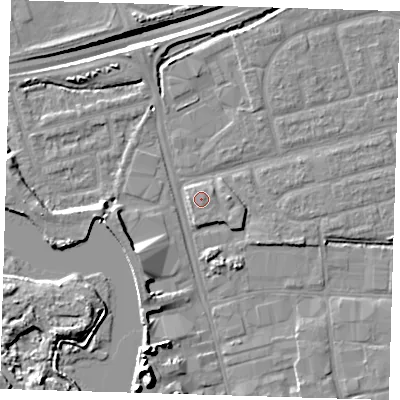 Shaded relief map of the ground around IG110ES, computed from Environment Agency LiDAR. The ground here sits at about 3 m above sea level and falls 17 m across the surrounding 800 m. Surface water reaching this point runs off ground lying to the north-east, 0.7 m higher.
