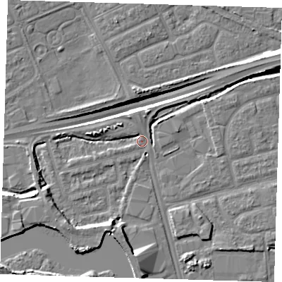 Shaded relief map of the ground around IG110EY, computed from Environment Agency LiDAR. The ground here sits at about 2 m above sea level and falls 12 m across the surrounding 800 m. Surface water reaching this point runs off ground lying to the south-west, 5.5 m higher.