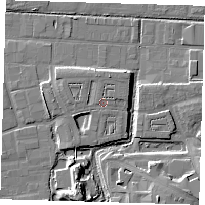 Shaded relief map of the ground around IG110FA, computed from Environment Agency LiDAR. The ground here sits at about 6 m above sea level and falls 13 m across the surrounding 800 m. Surface water reaching this point runs off ground lying to the north-north-east, 2.5 m higher.