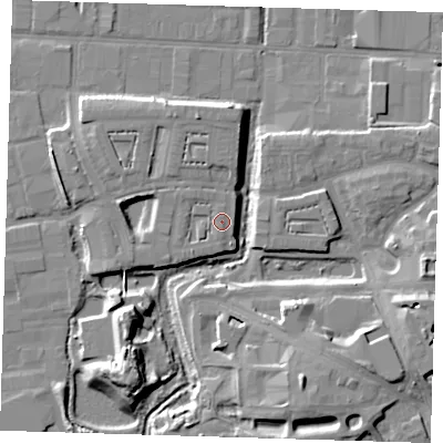 Shaded relief map of the ground around IG110FB, computed from Environment Agency LiDAR. The ground here sits at about 5 m above sea level and falls 13 m across the surrounding 800 m. Surface water reaching this point runs off ground lying to the south-west, 1.3 m higher.