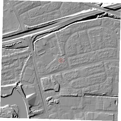 Shaded relief map of the ground around IG110FD, computed from Environment Agency LiDAR. The ground here sits at about 2 m above sea level and falls 14 m across the surrounding 800 m. Surface water reaching this point runs off ground lying to the north-north-east, 0.7 m higher.