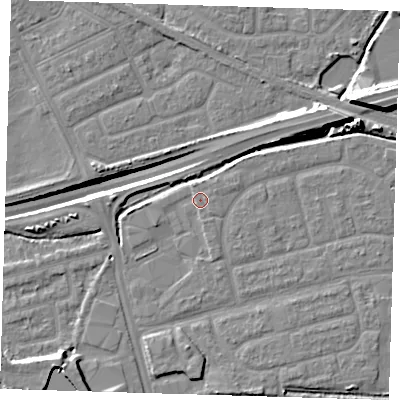 Shaded relief map of the ground around IG110FE, computed from Environment Agency LiDAR. The ground here sits at about 2 m above sea level and falls 14 m across the surrounding 800 m. The ground contributing surface water to this point lies to the north.