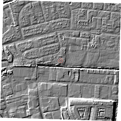 Shaded relief map of the ground around IG110FF, computed from Environment Agency LiDAR. The ground here sits at about 3 m above sea level and falls 7 m across the surrounding 800 m. Surface water reaching this point runs off ground lying to the west, 0.6 m higher.