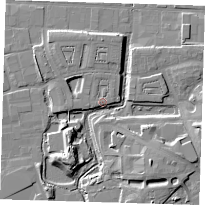 Shaded relief map of the ground around IG110FL, computed from Environment Agency LiDAR. The ground here sits at about 5 m above sea level and falls 13 m across the surrounding 800 m. Surface water reaching this point runs off ground lying to the south-east, 12.8 m higher.