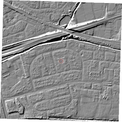 Shaded relief map of the ground around IG110FN, computed from Environment Agency LiDAR. The ground here sits at about 2 m above sea level and falls 14 m across the surrounding 800 m. The ground contributing surface water to this point lies to the north-east.