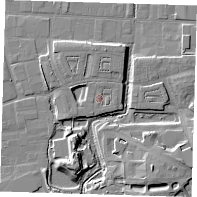 Shaded relief map of the ground around IG110FP, computed from Environment Agency LiDAR. The ground here sits at about 6 m above sea level and falls 13 m across the surrounding 800 m. Surface water reaching this point runs off ground lying to the south-south-east, 1.3 m higher.