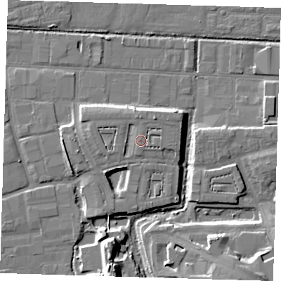 Shaded relief map of the ground around IG110FS, computed from Environment Agency LiDAR. The ground here sits at about 7 m above sea level and falls 11 m across the surrounding 800 m. Surface water reaching this point runs off ground lying to the north, 2.1 m higher.