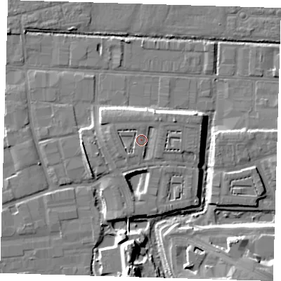 Shaded relief map of the ground around IG110FT, computed from Environment Agency LiDAR. The ground here sits at about 6 m above sea level and falls 11 m across the surrounding 800 m. Surface water reaching this point runs off ground lying to the north-east, 2.0 m higher.