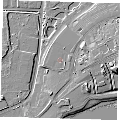 Shaded relief map of the ground around IG110FU, computed from Environment Agency LiDAR. The ground here sits at about 8 m above sea level and falls 20 m across the surrounding 800 m. Surface water reaching this point runs off ground lying to the east, 1.7 m higher.