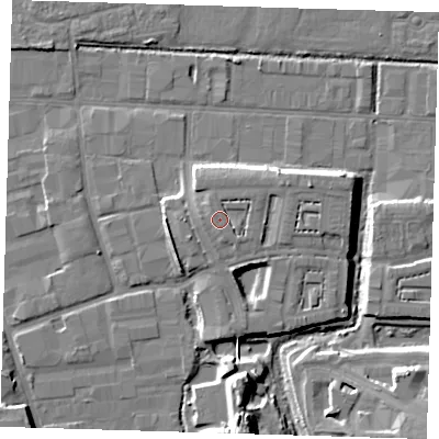 Shaded relief map of the ground around IG110FW, computed from Environment Agency LiDAR. The ground here sits at about 6 m above sea level and falls 11 m across the surrounding 800 m. Surface water reaching this point runs off ground lying to the south-east, 1.1 m higher.