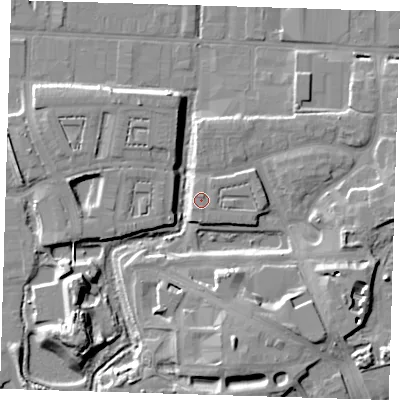 Shaded relief map of the ground around IG110FX, computed from Environment Agency LiDAR. The ground here sits at about 5 m above sea level and falls 13 m across the surrounding 800 m. Surface water reaching this point runs off ground lying to the north-east, 0.6 m higher.