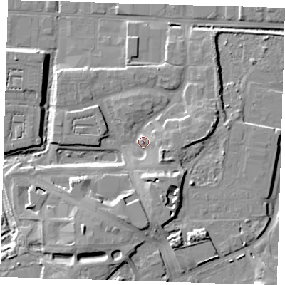 Shaded relief map of the ground around IG110GE, computed from Environment Agency LiDAR. The ground here sits at about 6 m above sea level and falls 13 m across the surrounding 800 m. Surface water reaching this point runs off ground lying to the east, 5.9 m higher.