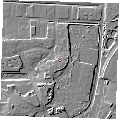 Shaded relief map of the ground around IG110GH, computed from Environment Agency LiDAR. The ground here sits at about 7 m above sea level and falls 12 m across the surrounding 800 m. Surface water reaching this point runs off ground lying to the south-east, 3.0 m higher.