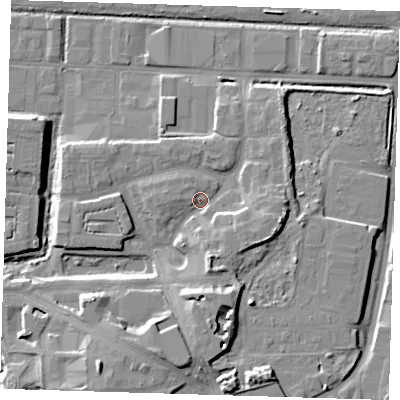 Shaded relief map of the ground around IG110GJ, computed from Environment Agency LiDAR. The ground here sits at about 4 m above sea level and falls 13 m across the surrounding 800 m. Surface water reaching this point runs off ground lying to the east-south-east, 5.3 m higher.