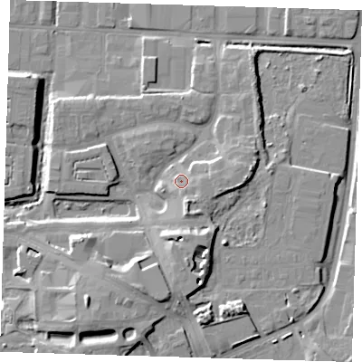 Shaded relief map of the ground around IG110GQ, computed from Environment Agency LiDAR. The ground here sits at about 6 m above sea level and falls 13 m across the surrounding 800 m. Surface water reaching this point runs off ground lying to the east, 3.0 m higher.