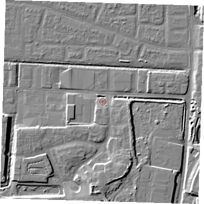 Shaded relief map of the ground around IG110GR, computed from Environment Agency LiDAR. The ground here sits at about 4 m above sea level and falls 9 m across the surrounding 800 m. Surface water reaching this point runs off ground lying to the south, 4.3 m higher.
