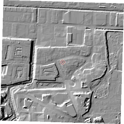 Shaded relief map of the ground around IG110GU, computed from Environment Agency LiDAR. The ground here sits at about 5 m above sea level and falls 13 m across the surrounding 800 m. Surface water reaching this point runs off ground lying to the east, 1.7 m higher.