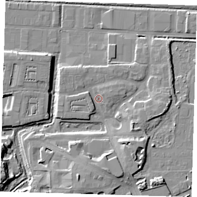 Shaded relief map of the ground around IG110GY, computed from Environment Agency LiDAR. The ground here sits at about 4 m above sea level and falls 13 m across the surrounding 800 m. Surface water reaching this point runs off ground lying to the west, 2.4 m higher.
