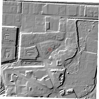 Shaded relief map of the ground around IG110HA, computed from Environment Agency LiDAR. The ground here sits at about 5 m above sea level and falls 13 m across the surrounding 800 m. Surface water reaching this point runs off ground lying to the north-west, 1.7 m higher.