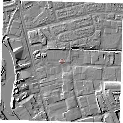 Shaded relief map of the ground around IG110HB, computed from Environment Agency LiDAR. The ground here sits at about 2 m above sea level and falls 17 m across the surrounding 800 m. Surface water reaching this point runs off ground lying to the south-south-east, 1.4 m higher.